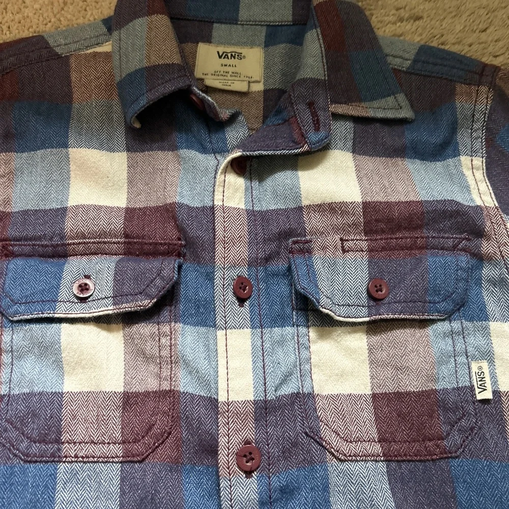 Vans Off The Wall Boys Small Blue Burgundy Plaid Flannel Button‎ Down Shirt